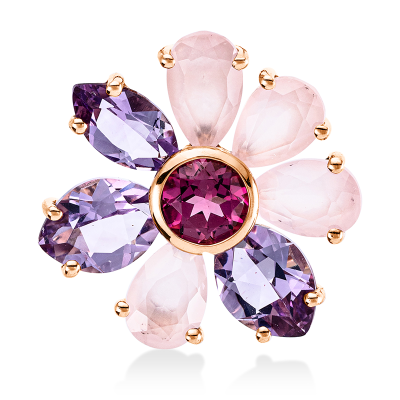 Anhänger 18 kt RG, 4 Rosenquarz 1,80 ct rosa, 3 Amethyste 1,80 ct lila, 1 Turmalin 0,40 ct pink