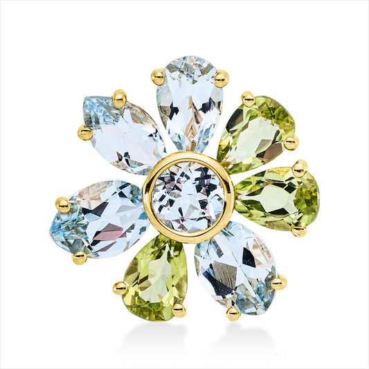 Anhänger 18 kt GG, 3 Peridot 1,30 ct grün, 4 Topase 2,90 ct sky blue, 1 Topas 0,50 ct sky blue
