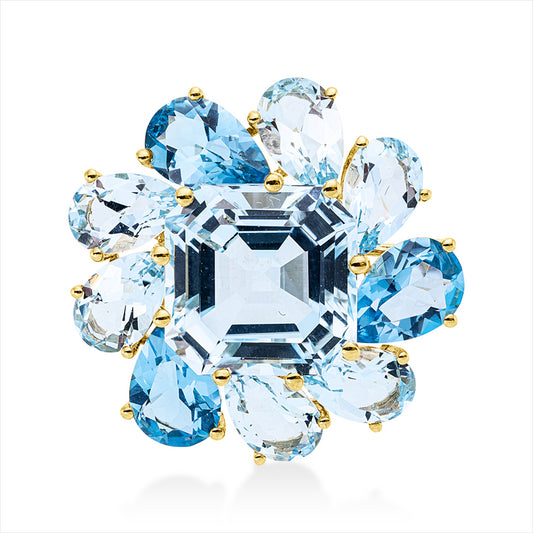 Anhänger 18 kt GG, 1 Topas 11,40 ct sky blue, 9 Topase 9,70 ct sky blue