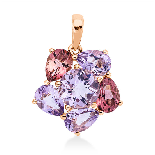 Anhänger 18 kt RG, 3 Amethyste 2,00 ct pink, 1 Amethyst 1,90 ct pink, 2 Turmalin 1,50 ct pink