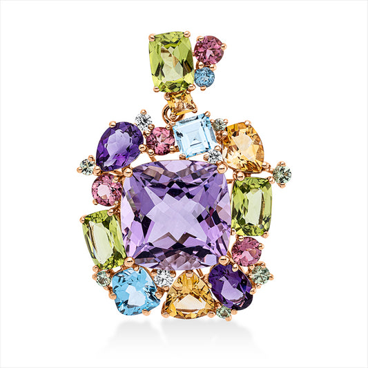 Anhänger 18 kt RG, 3 Brill. 0,12 ct, TW-si, 1 Amethyst 9,40 ct pink, 21 Farbsteine 8,91 ct multicolor