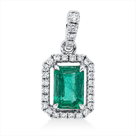 Anhänger 18 kt WG, mit Öse, 28 Brill. 0,20 ct, TW-si, 1 Smaragd 0,92 ct grün