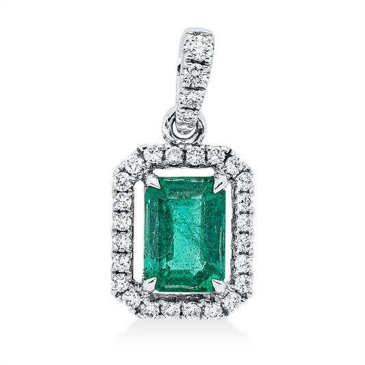 Anhänger 18 kt WG, mit Öse, 28 Brill. 0,20 ct, TW-si, 1 Smaragd 0,92 ct grün