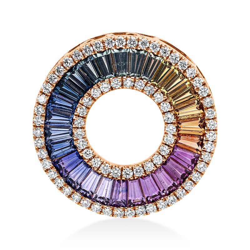 Anhänger 18 kt RG, 73 Brill. 0,34 ct, TW-si, 28 Saphire 1,56 ct fancy