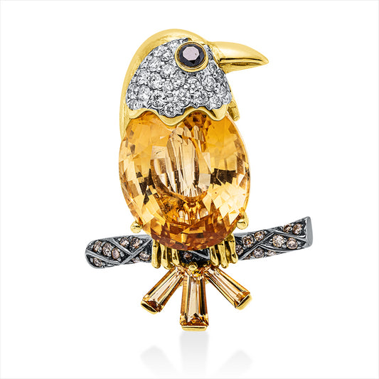 Brosche 18 kt GG+WG,Fass rhod,29 Brill. 0,30 ct,TW-vsi,24 Brill. 0,23 ct,fancy,1 Cit 10,10 ct gelb