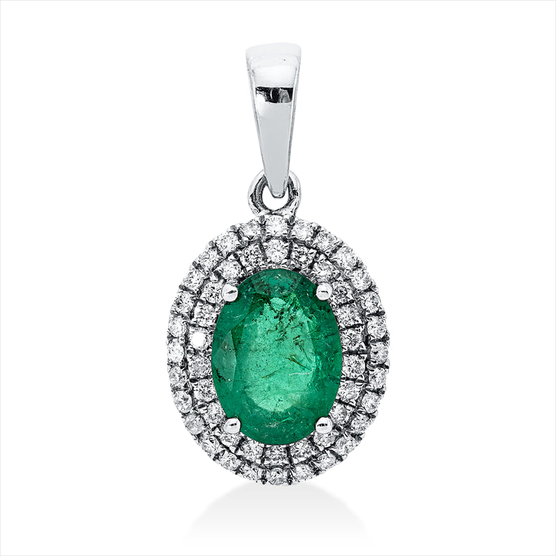 Anhänger 18 kt WG, mit Öse, 50 Brill. 0,15 ct, TW-si, 1 Smaragd 0,93 ct grün