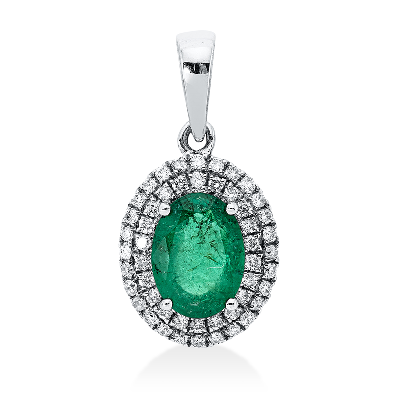 Anhänger 18 kt WG, mit Öse, 50 Brill. 0,15 ct, TW-si, 1 Smaragd 0,93 ct grün