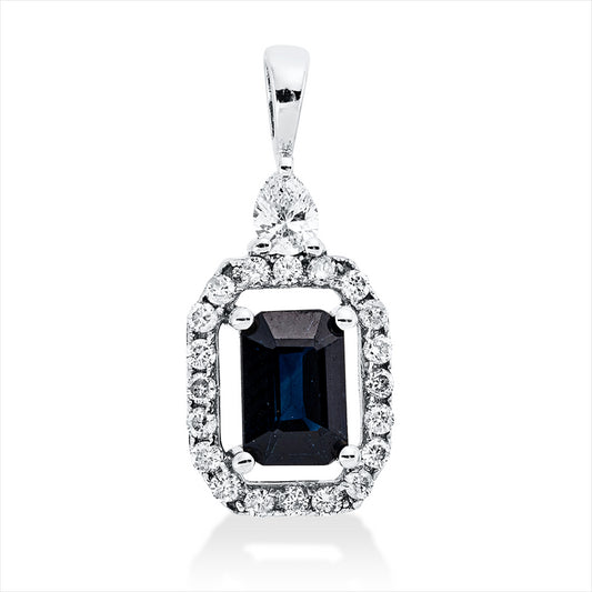 Anhänger 18 kt WG, mit Öse, 1 Tropfen 0,09 ct, TW-si, 20 Brill. 0,15 ct, TW-pi, 1 Saphir 0,72 ct blau