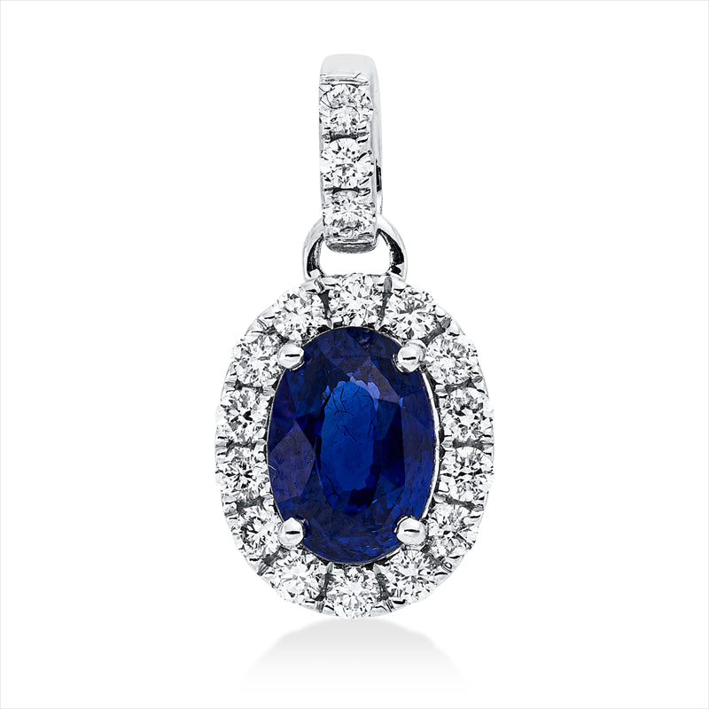 Anhänger 18 kt WG, mit Öse, 17 Brill. 0,37 ct, TW-si, 1 Saphir 1,73 ct blau
