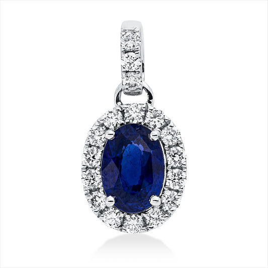 Anhänger 18 kt WG, mit Öse, 17 Brill. 0,37 ct, TW-si, 1 Saphir 1,73 ct blau