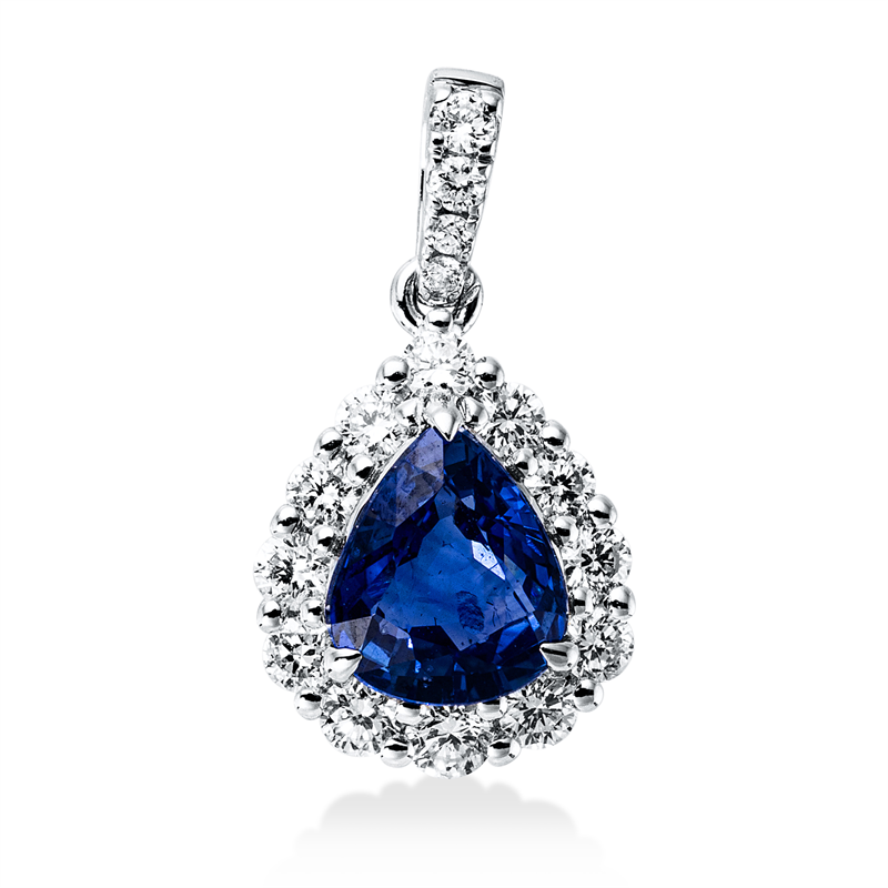 Anhänger 18 kt WG, mit ZÖ, 16 Brill. 0,23 ct, TW-si, 1 Saphir 0,71 ct blau