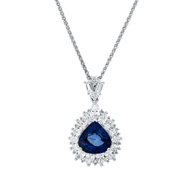 Anhänger 18ktWG,2 Bag0,17ct,F-vsi,15 Tropfen 1,41ct,F-vsi/si,17 Brill0,22ct,TW-si,1 Sapp 4,13ct blau