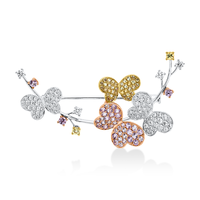 Brosche 18 kt WG+GG+RG, 80 Brill. 0,83 ct, TW-vsi, 41 Saphire 1,06 ct rosa, 40 Saphire 0,46 ct gelb