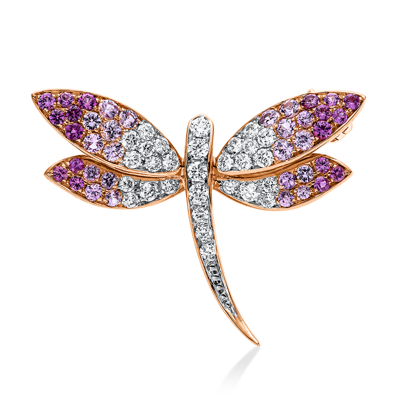 Brosche 18 kt RG+WG, 29 Brill. 0,29 ct, TW-vsi, 20 Saphire 0,33 ct rosa, 18 Saphire 0,19 ct pink