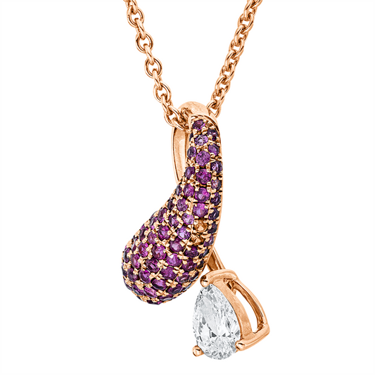 Anhänger 18 kt RG, 1 Tropfen 0,33 ct, TW-vsi, 73 Rubine 0,53 ct rot