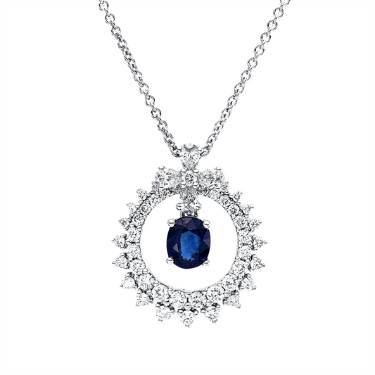 Anhänger 18 kt WG, 4 Tropfen 0,22 ct, F-vsi, 42 Brill. 0,53 ct, TW-si, 1 Saphir 0,65 ct blau