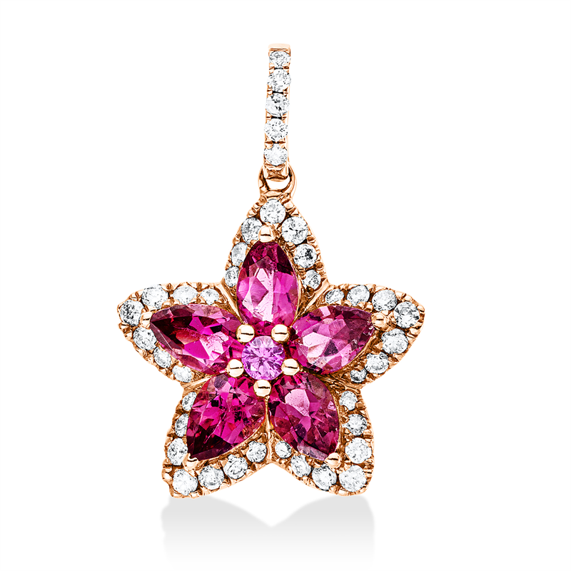 Anhänger 18 kt RG, mit Öse, 40 Brill. 0,24 ct, W-pi, 1 Saphir 0,04 ct rot, 5 Rubellit 0,91 ct rot