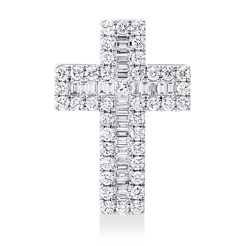Anhänger 18 kt WG, 1 Princ. 0,12 ct, TW-si, 29 Bag. 0,60 ct, TW-si, 40 Brill. 1,37 ct, TW-si