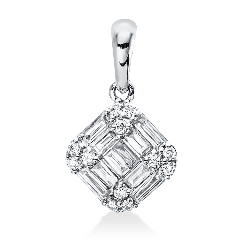 Anhänger 18 kt WG, mit Öse, 4 Bag. 0,15 ct, 6 Bag. 0,10 ct, 12 Brill. 0,08 ct, TW-vsi/si