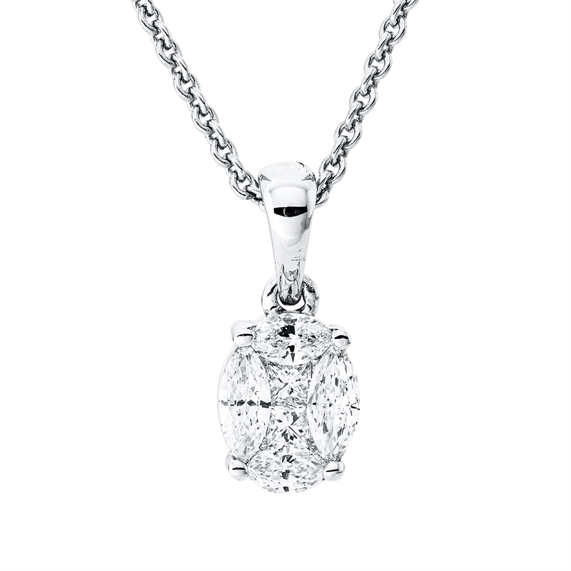 Anhänger 18 kt WG, mit Öse, 2 Nav. 0,13 ct, TW-vsi/si, 2 Princ. 0,08 ct, TW-vsi/si, 2 Nav. 0,18 ct, TW-vsi/si