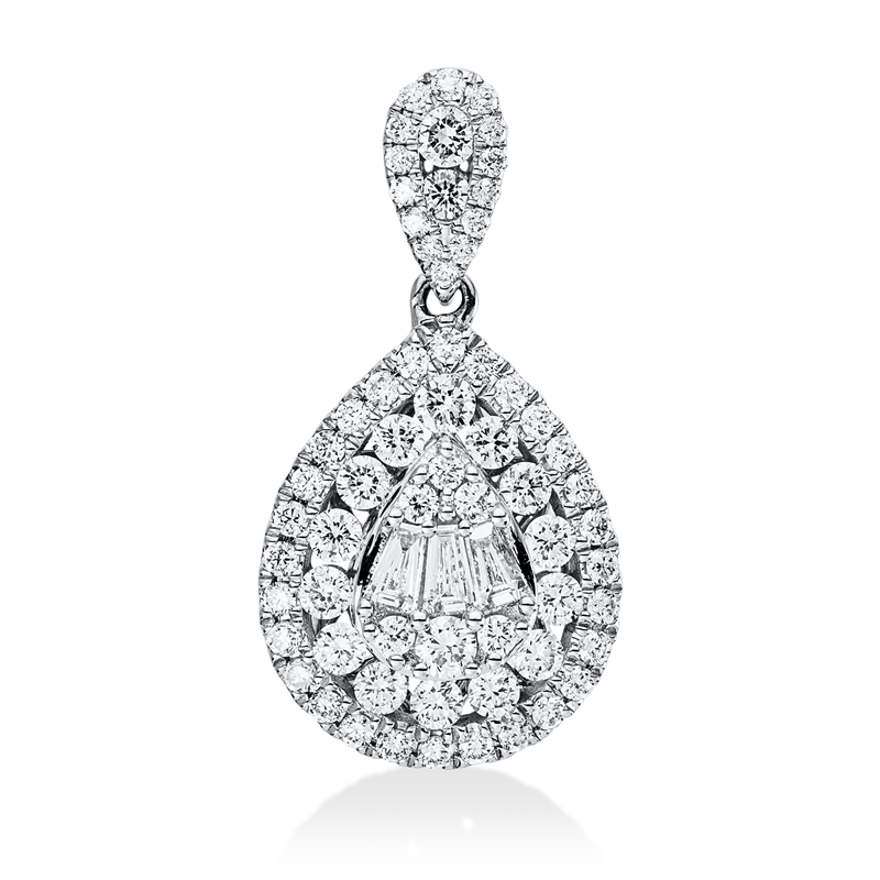 Anhänger 18 kt WG, mit ZÖ, 3 Trap. 0,11 ct, TW-si, 64 Brill. 0,69 ct, TW-si