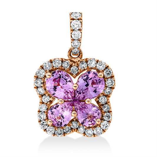 Anhänger 18 kt RG, mit Öse, 33 Brill. 0,23 ct, TW-si, 1 Saphir 0,01 ct pink, 4 Saphire 0,84 ct pink