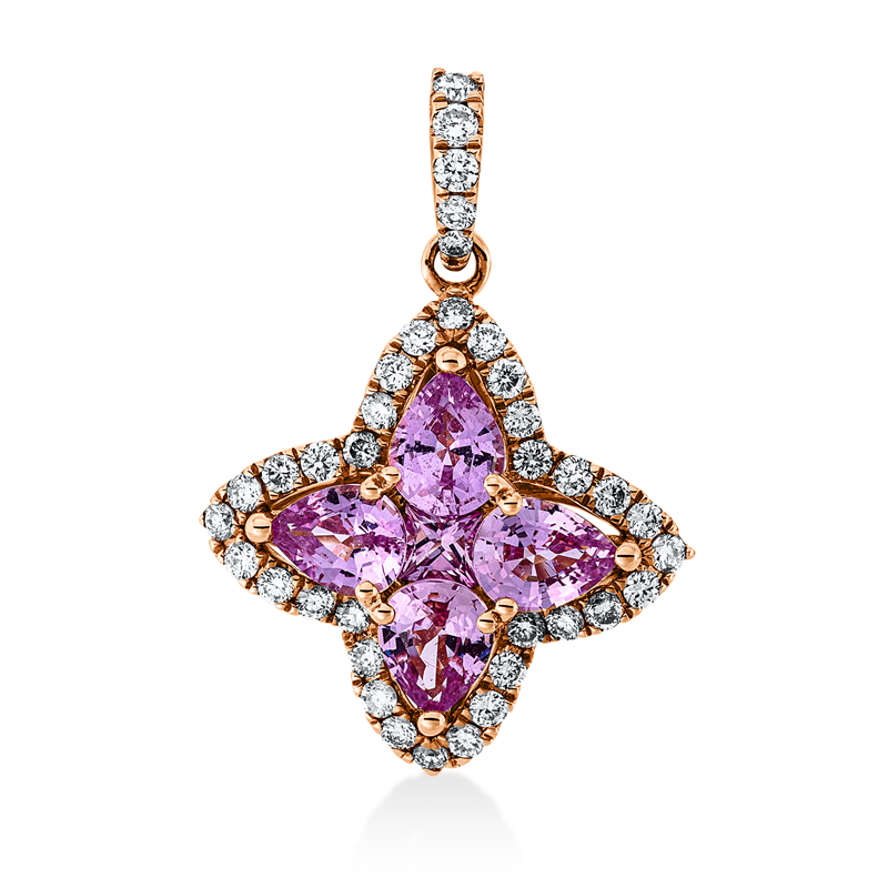 Anhänger 18 kt RG, mit Öse, 37 Brill. 0,27 ct, TW-si, 1 Saphir 0,08 ct pink, 4 Saphire 1,00 ct pink