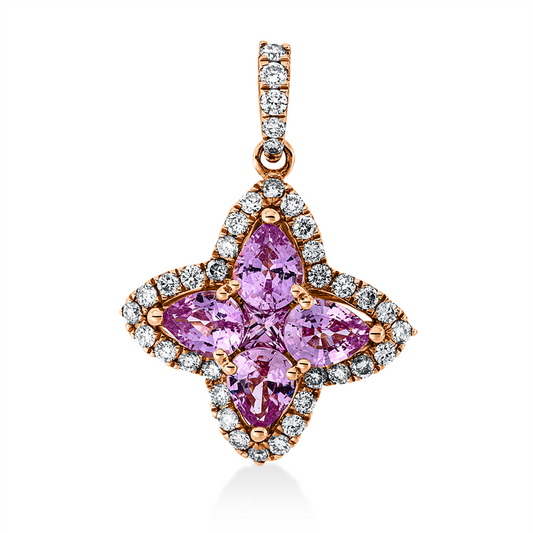 Anhänger 18 kt RG, mit Öse, 37 Brill. 0,27 ct, TW-si, 1 Saphir 0,08 ct pink, 4 Saphire 1,00 ct pink