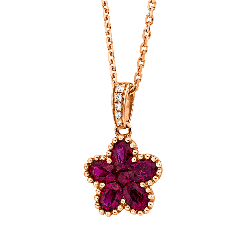 Anhänger 14 kt GG, mit Öse, 5 Brill. 0,02 ct, TW-si, 1 Rubin 0,08 ct rot, 5 Rubine 1,02 ct rot