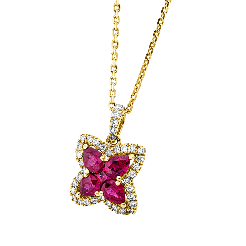 Anhänger 14 kt GG, mit Öse, 37 Brill. 0,27 ct, TW-si, 1 Rubin 0,08 ct rot, 4 Rubine 1,12 ct rot