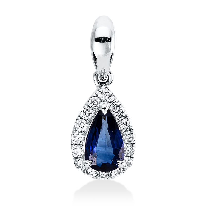 Anhänger 18 kt WG, mit Öse, 18 Brill. 0,07 ct, TW-si, 1 Saphir 0,21 ct blau