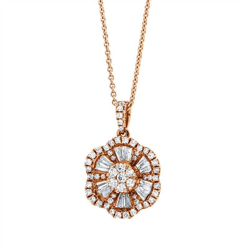 Anhänger 18 kt RG, mit Öse, 12 Trap. 0,62 ct, TW-si, 60 Brill. 0,48 ct, TW-si