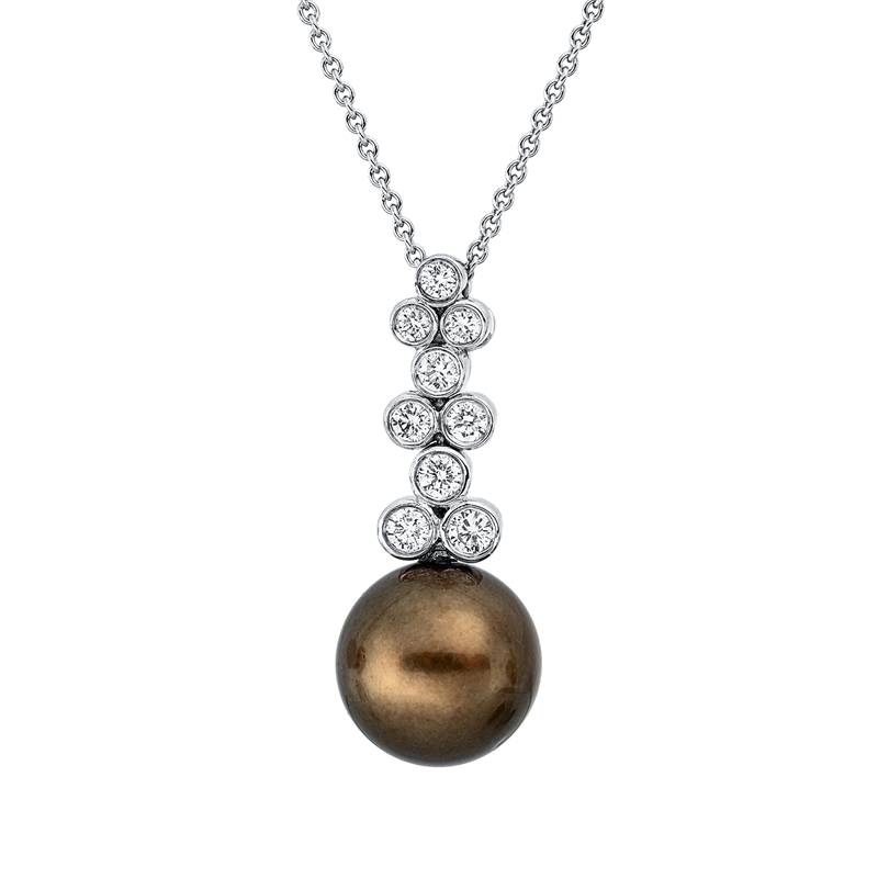 Anhänger 18 kt WG, 9 Brill. 0,35 ct, F-si, 1 ZP braun 11 mm