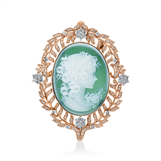 Brosche 18 kt RG+WG, 206 Brill. 1,64 ct, W-si/pi, 1 Farbsteine 18,20 ct grün