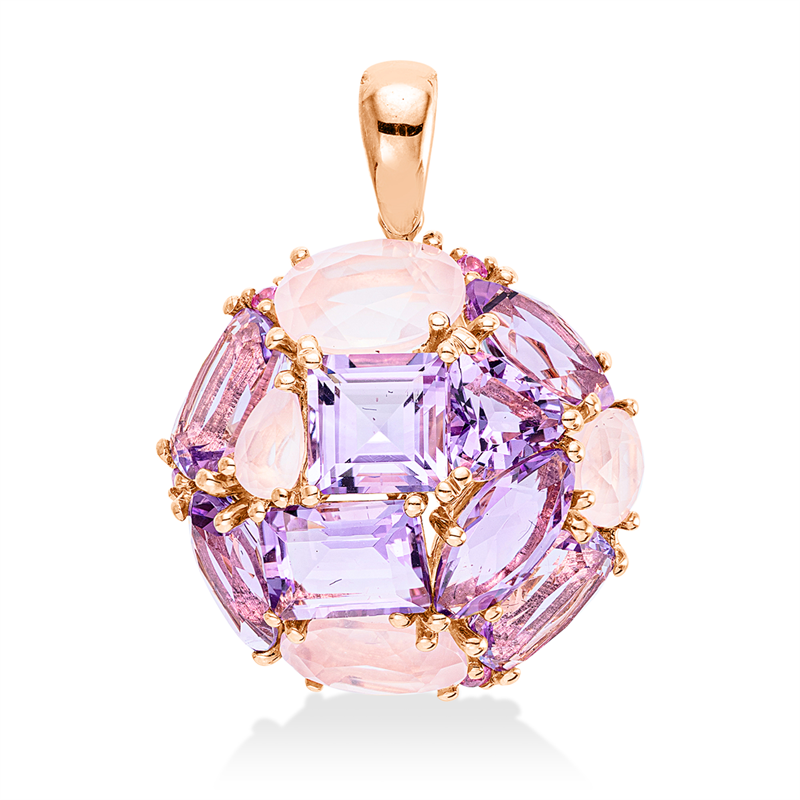 Anhänger 18 kt RG, mit Öse, 4 Rosenquarz 3,10 ct, 4 Saphire 0,09 ct pink, 8 Amethyste 6,80 ct pink