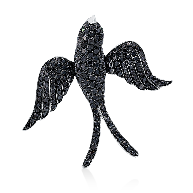 Anhänger 18 kt WG, Fassung schwarz rhodiniert, 198 Brill. 2,02 ct, schwarz, 2 Tsavorith 0,02 ct grün