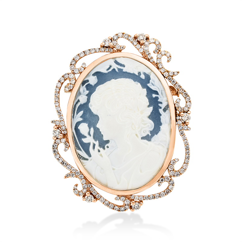 Brosche 18 kt RG, 144 Brill. 2,01 ct, W-si/pi, 1 Farbsteine 47,98 ct blau