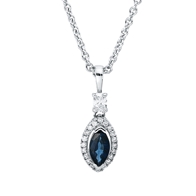 Anhänger 18 kt WG, mit Öse, 1 Oval 0,14 ct, F-si, 20 Brill. 0,15 ct, F-si, 1 Saphir 0,79 ct blau