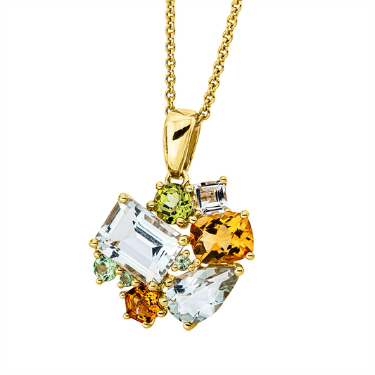 Anhänger 18 kt GG, mit Öse, 1 Peridot 0,30 ct, 2 Citrin 0,90 ct, 3 Amethyste 2,50 ct grün, 3 Granat 0,16 ct grün