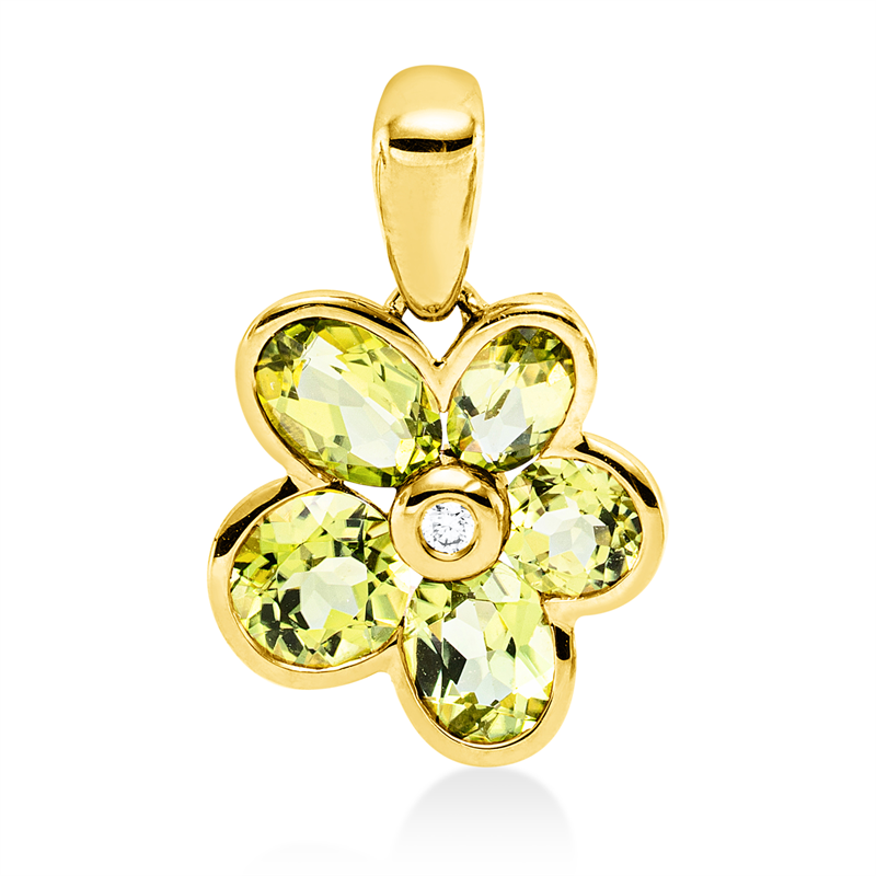 Anhänger 18 kt GG, mit Öse, 1 Brill. 0,02 ct, TW-si, 3 Peridot 1,40 ct, 2 Peridot 0,90 ct