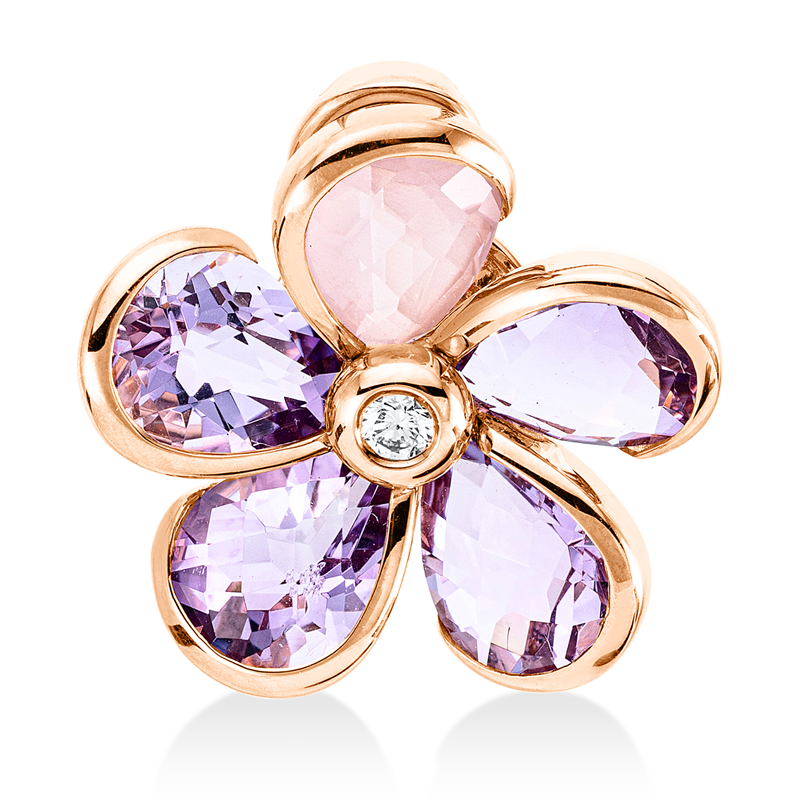 Anhänger 18 kt RG, spinnen, 1 Brill. 0,06 ct, TW-si, 4 Amethyste 3,80 ct pink, 1 Rosenquarz 1,10 ct rosa