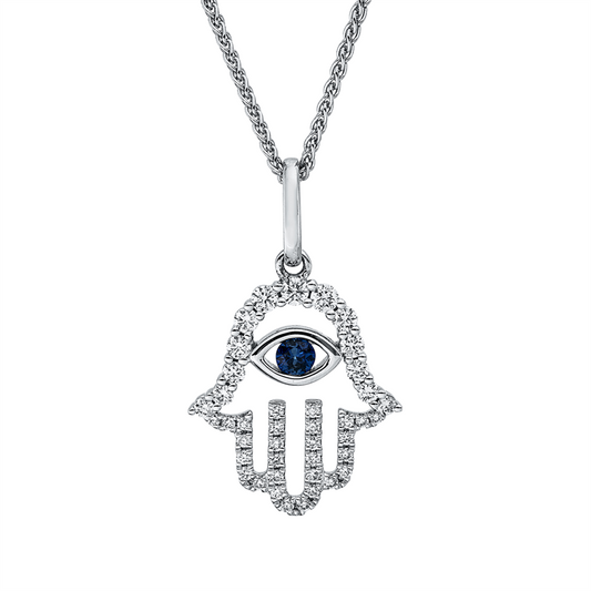 Anhänger 18 kt WG, mit Öse, 41 Brill. 0,28 ct, TW-si, 1 Saphir 0,07 ct blau