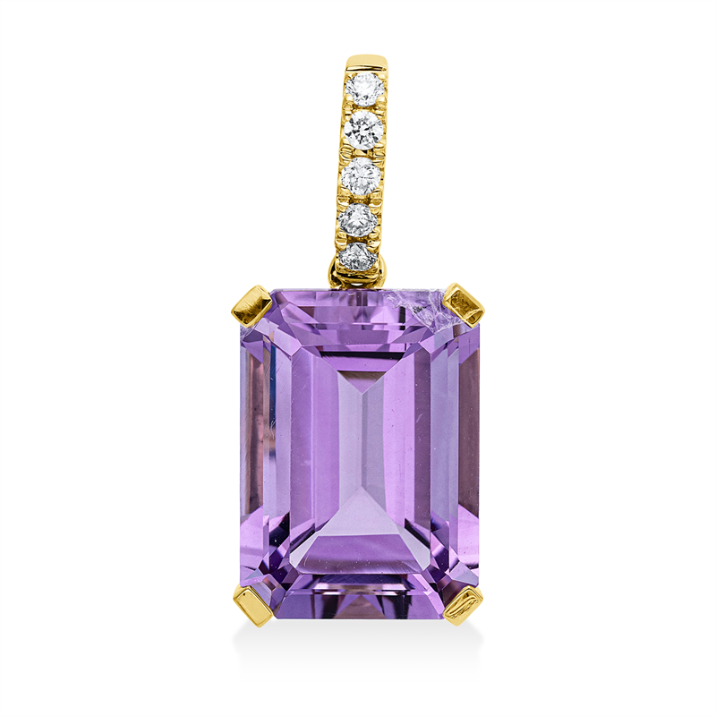 Anhänger 18 kt GG, mit Öse, 5 Brill. 0,10 ct, TW-si, 1 Amethyst 7,60 ct pink