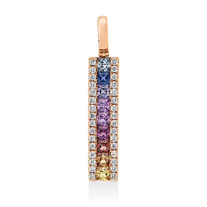 Anhänger 18 kt RG, mit Öse, 32 Brill. 0,14 ct, TW-si, 9 Saphire 0,47 ct fancy