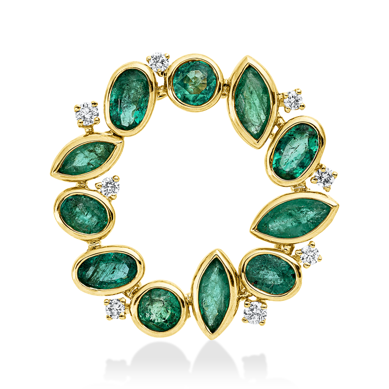 Anhänger 18 kt GG, 8 Brill. 0,16 ct, TW-si, 11 Smaragde 2,42 ct grün