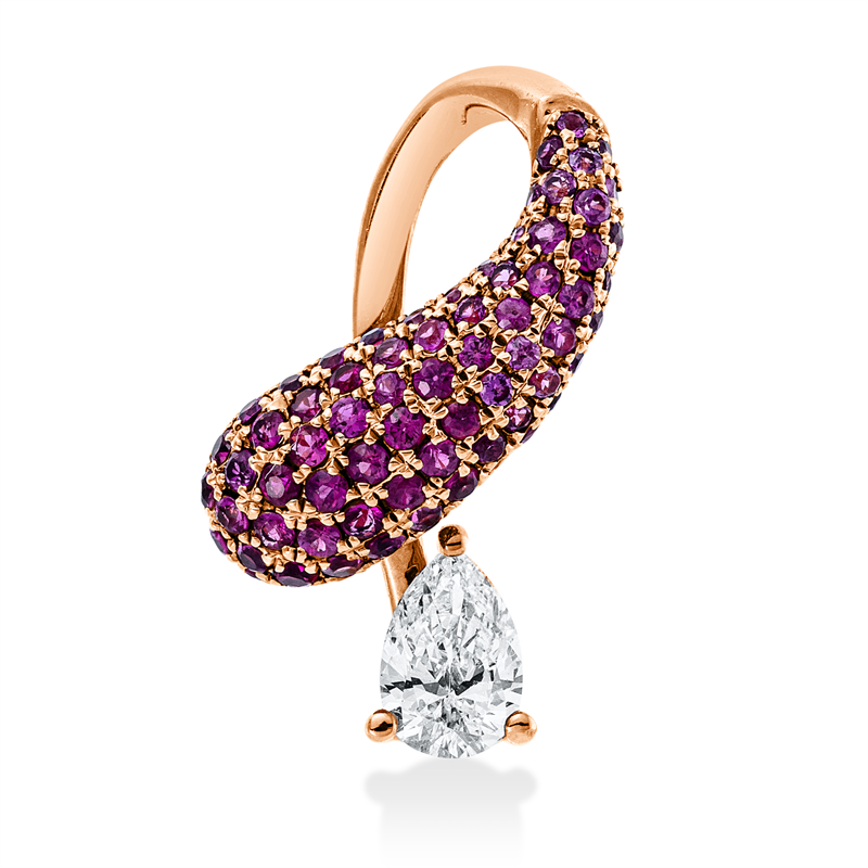 Anhänger 18 kt RG, 1 Tropfen 0,33 ct, TW-si, 73 Rubine 0,53 ct rot