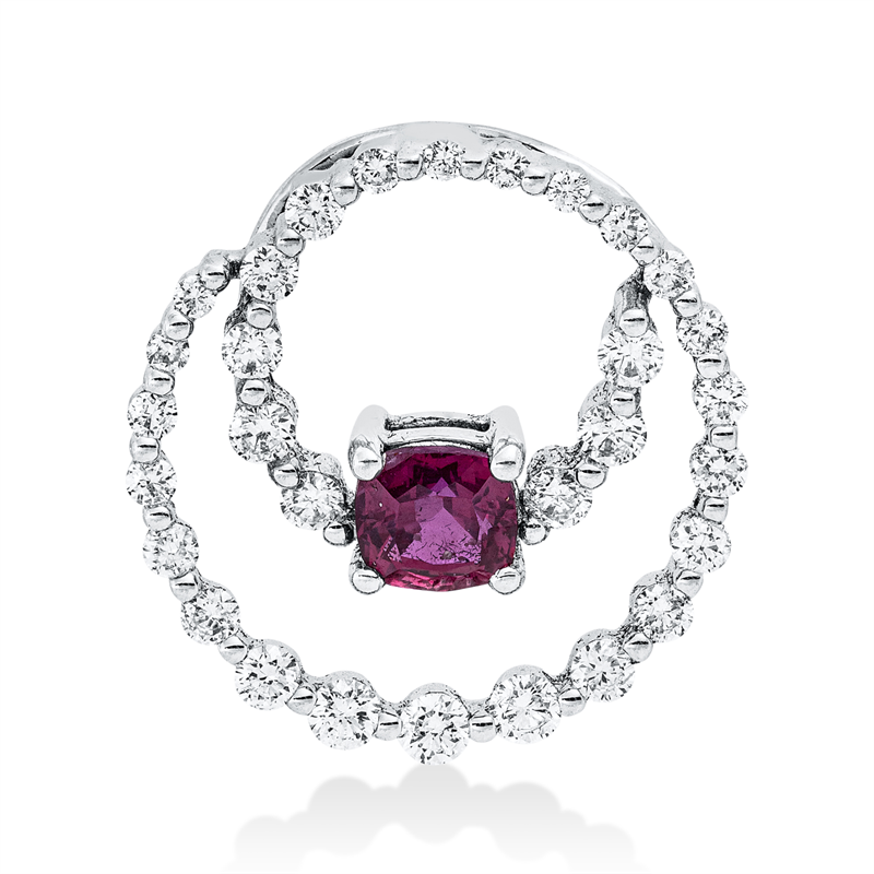 Anhänger 18 kt WG, 30 Brill. 0,56 ct, TW-si, 1 Rubin 0,65 ct rot