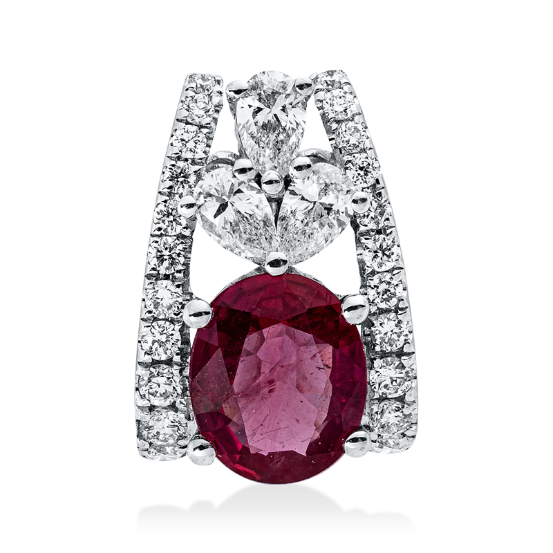 Anhänger 18 kt WG, 3 Tropfen 0,13 ct, TW-vsi/si, 20 Brill. 0,10 ct, TW-si, 1 Rubin 0,49 ct rot