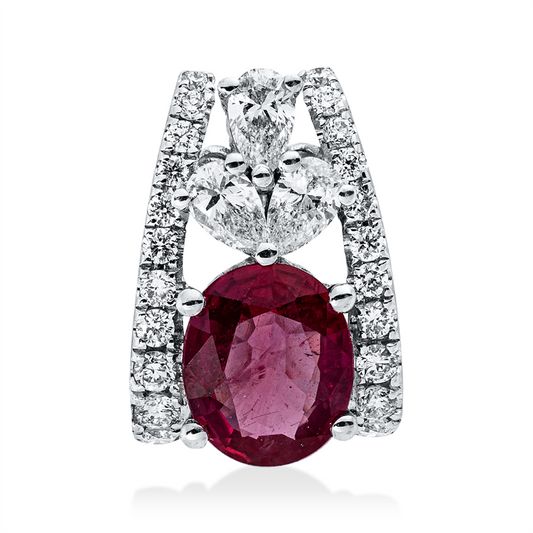 Anhänger 18 kt WG, 3 Tropfen 0,13 ct, TW-vsi/si, 20 Brill. 0,10 ct, TW-si, 1 Rubin 0,49 ct rot