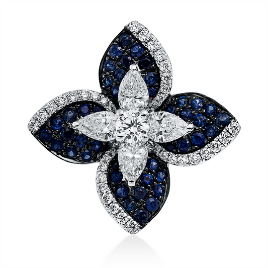 Anhänger 18 kt WG, Fassung teils schw rhod, 4 Tro 0,56 ct, 37 Brill. 0,25 ct, F-vsi, 44 Sap 0,45 ct